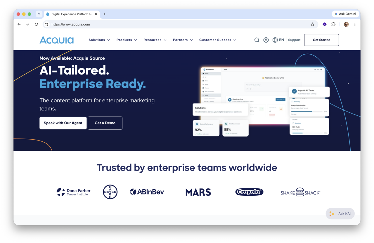 Acquia.com homepage promoting Acquia as an enterprise-ready content platform built for AI.