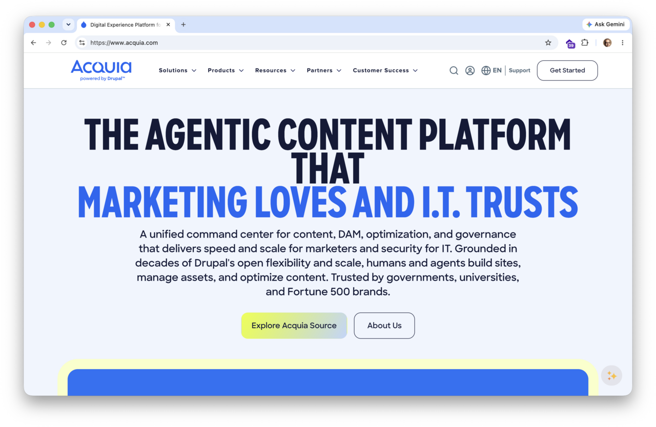Acquia.com homepage promoting Acquia as "the agentic content platform that marketing loves and IT trusts".