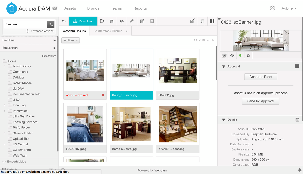 Acquia DAM screen with a search for "furniture" showing a grid of furniture photos, and the selected asset's approval and details on the right.