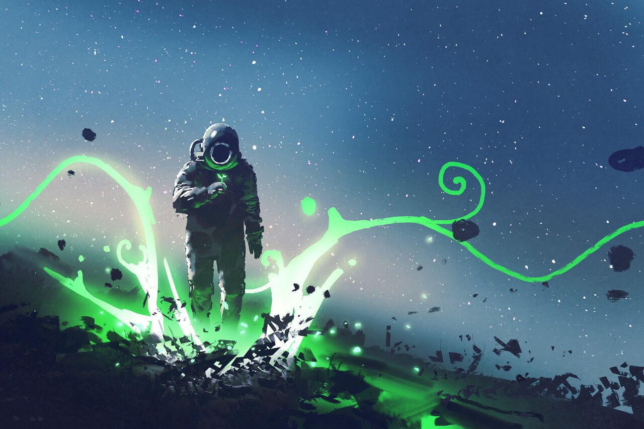 A lone astronaut stands on cracked ground as bright green energy sprouts upward, symbolizing a new beginning.