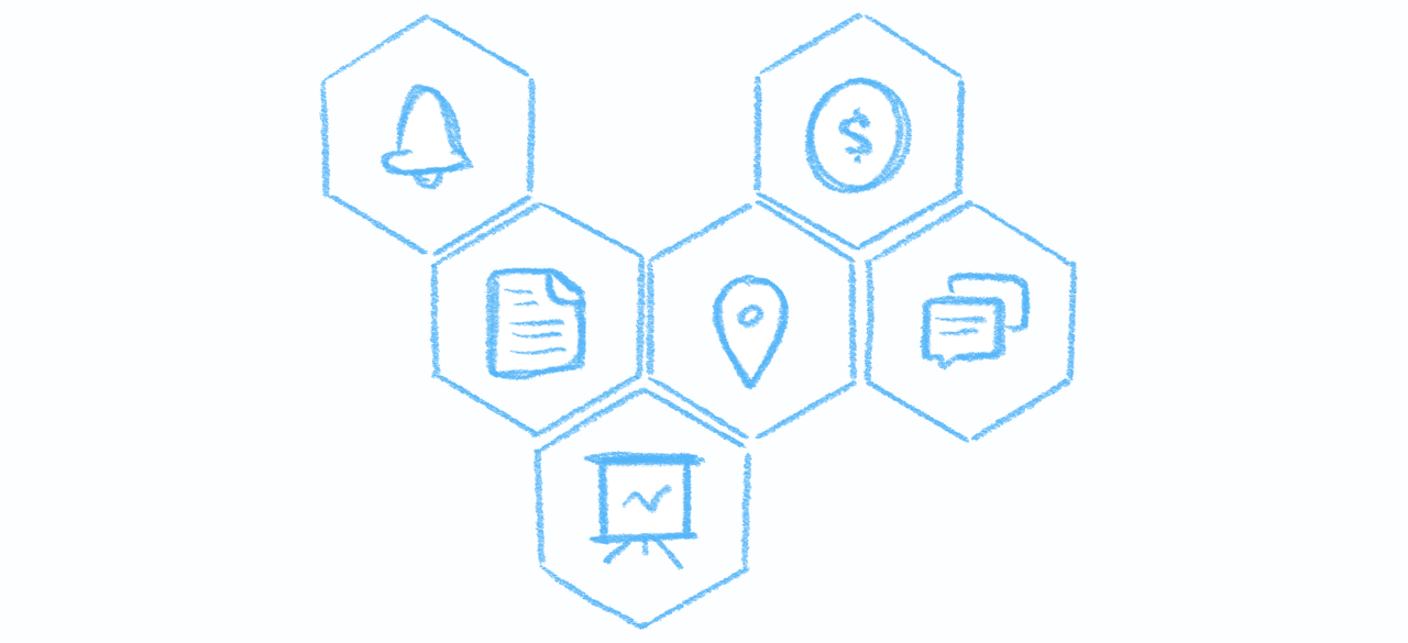 Hand-drawing of six connected building blocks. Each building block represents a feature.