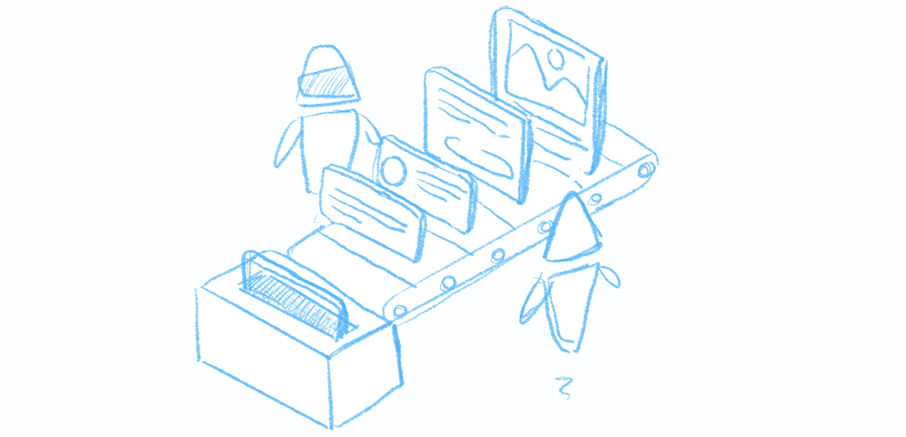 Hand-drawing of two robots operating components on a conveyor belt.