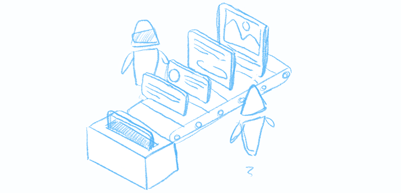 Principle 2 of the Composable DXP Hand-drawing of two robots operating components on a conveyor belt.