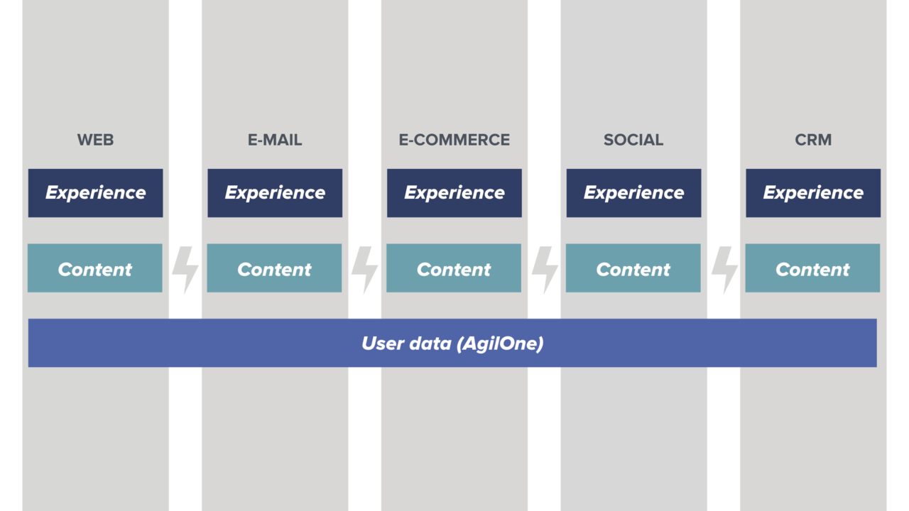 A graphic that displays separate systems for the website, email marketing, online commerce, social media, and customer management, all linked by a shared data layer that unifies user profiles.