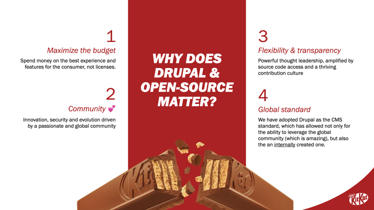 A slide from KitKat's presentation highlighting the importance of Open Source to Nestlé. It lists four reasons: (1) budget, (2) community, (3) flexibility and transparency, and (4) global standards.