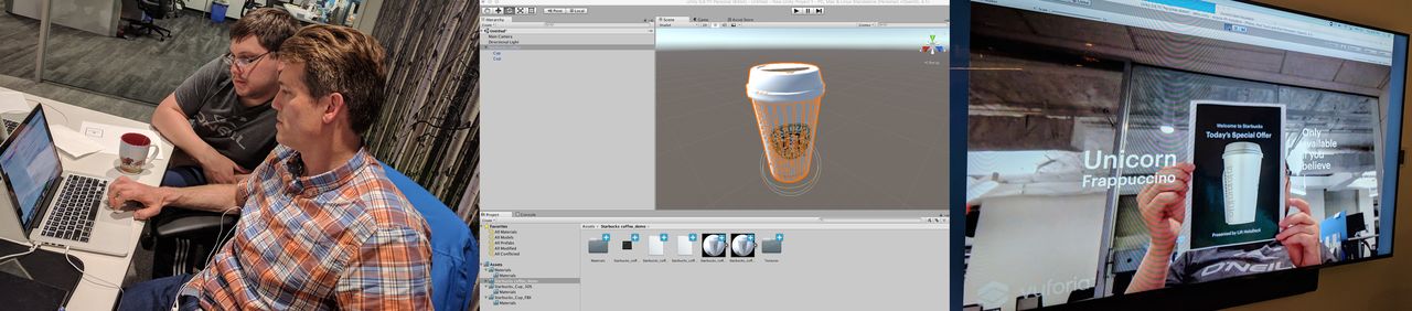 Two people work on a laptop, designing a 3D coffee cup model with an augmented reality banner on a screen.