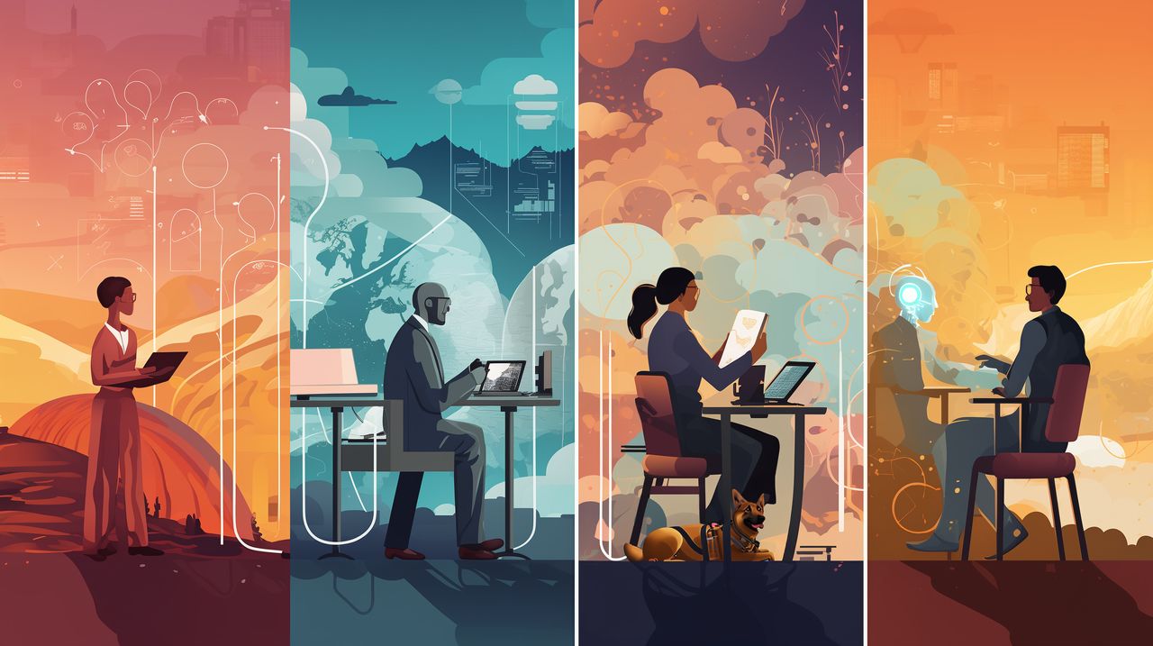 Image with panels showcasing various digital trends: one emphasizes inclusivity with a woman in a wheelchair at a workstation, and another shows a man interacting with an AI robot, illustrating human-AI collaboration.