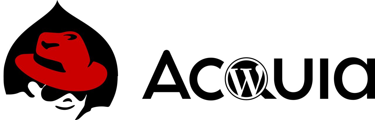 Logo combining Drupal's Druplicon wearing a red hat with "Acquia" text, where the "O" is replaced by the WordPress logo.