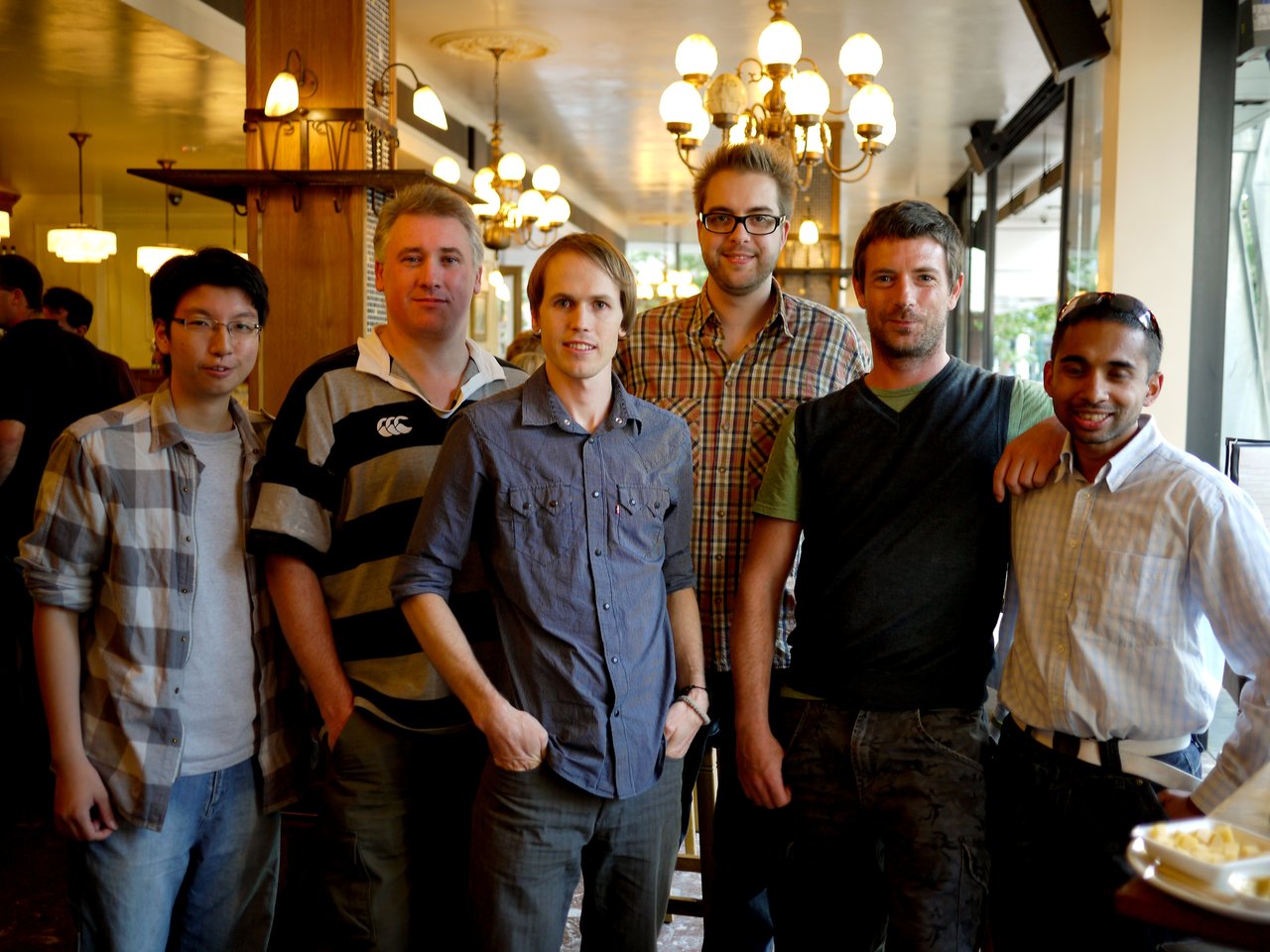 A group of six Drupal developers posing together at a meetup in Melbourne, standing in a well-lit indoor space.