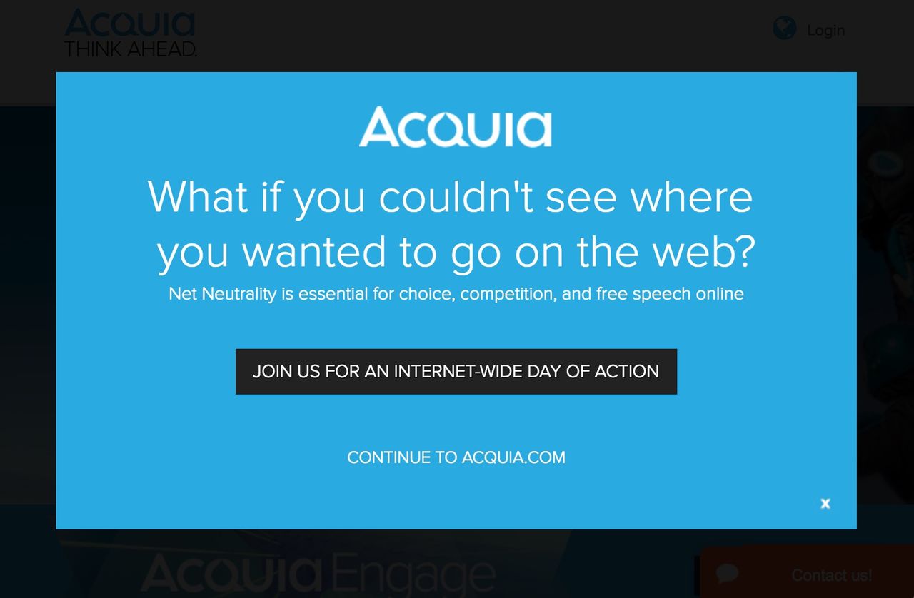 A pop-up from Acquia advocates for net neutrality, urging users to join an internet-wide day of action.