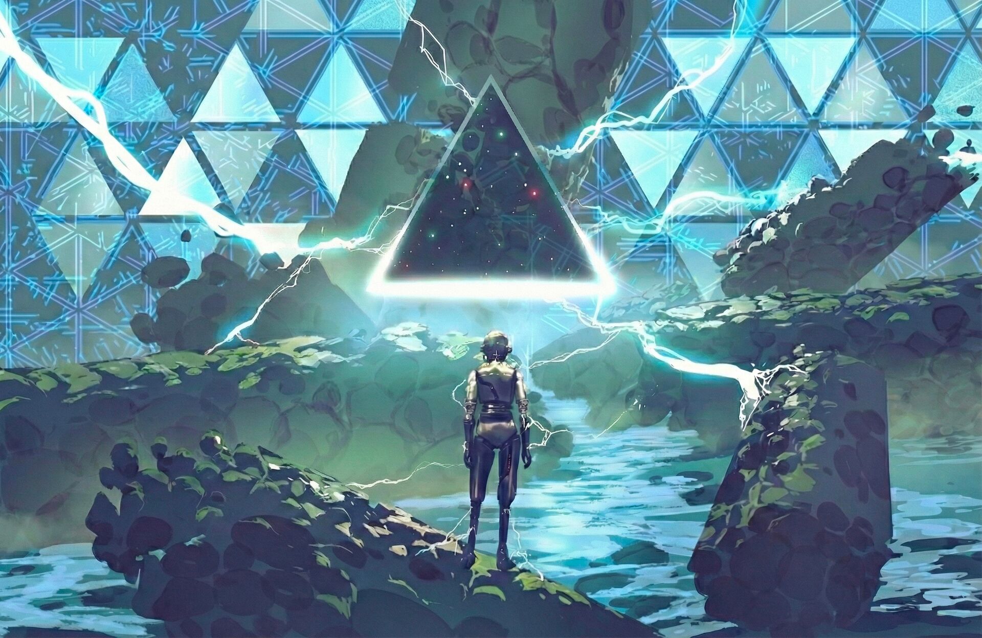 A humanoid figure stands in a rocky, shallow stream, facing a glowing triangular portal suspended amid crackling energy.