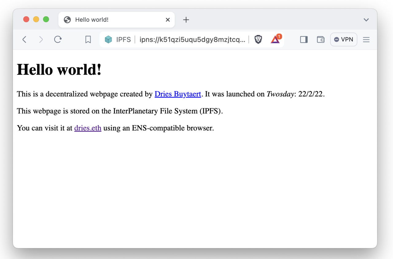 A browser window displaying a simple &quot;Hello world!&quot; webpage on IPNS.