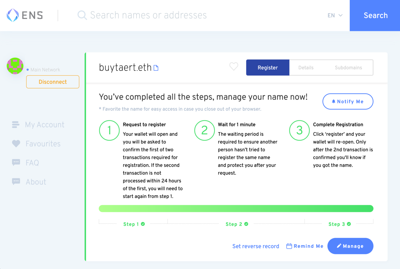 A confirmation screen stating that buytaert.eth was registered successfully