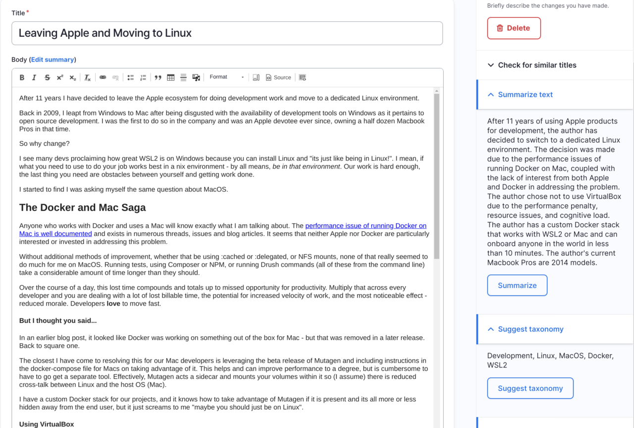 A screenshot of Drupal&#039;s editorial UI that shows a few integrations with ChatGPT.