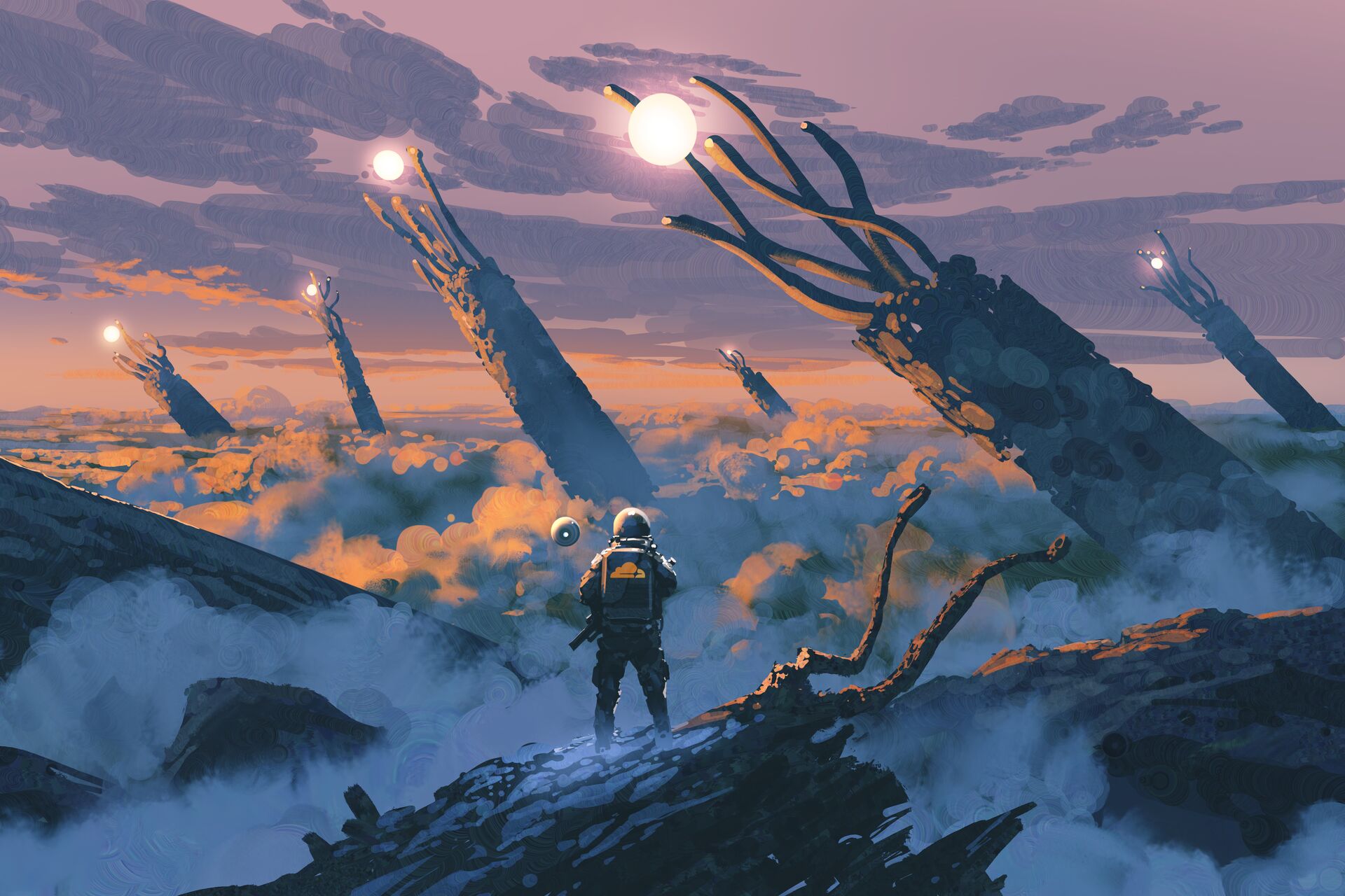 An astronaut (Cloudflare) facing giant glowing structures (crawlers) drawing energy in an alien sunset landscape.
