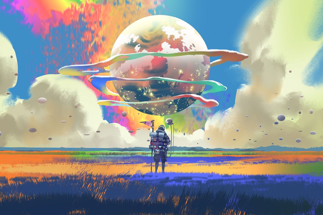 An astronaut explores a surreal landscape beneath rainbow-colored planetary rings, symbolizing the journey into AI&#039;s transformative potential for Drupal.