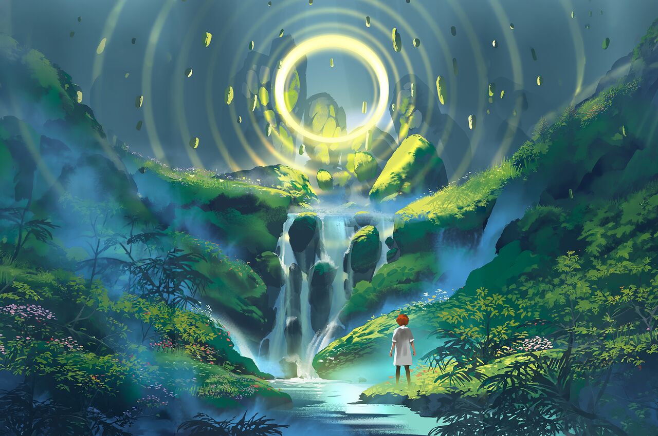 A lone figure stands in a lush valley facing a waterfall beneath a large glowing ring.