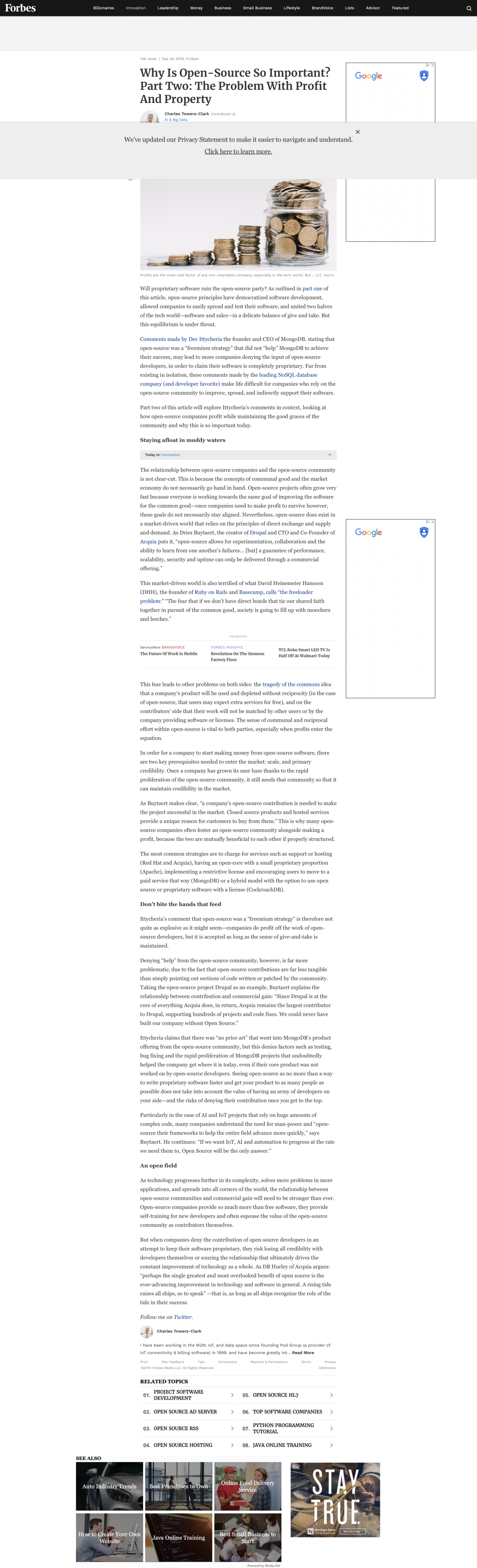 A Forbes article discussing issues with profit and property, featuring an image of stacked coins symbolizing financial concepts.