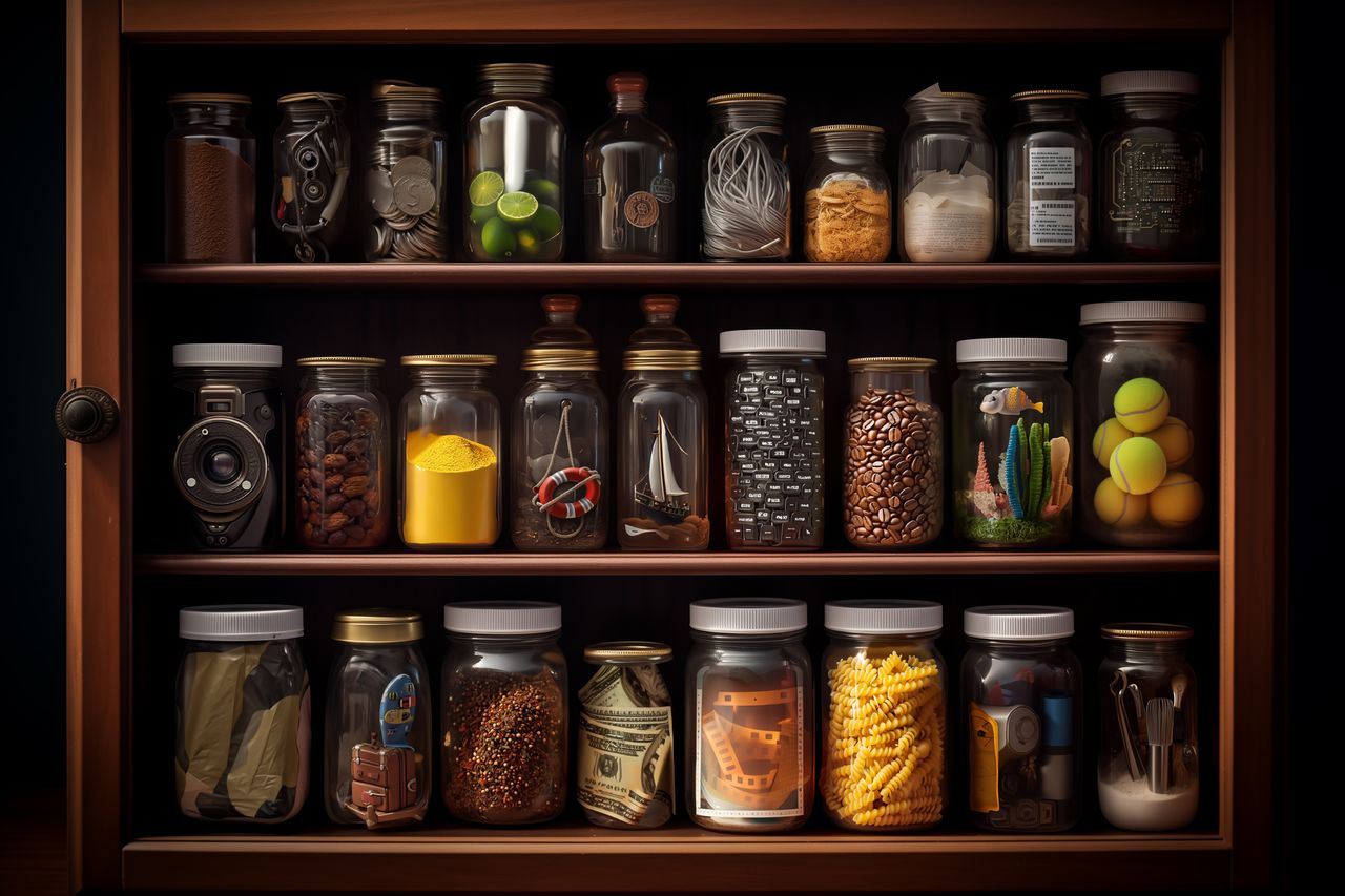 A cabinet displaying jars, each with a different interest inside: travel, photography, electronics, tennis, food, investing, coffee, and more.