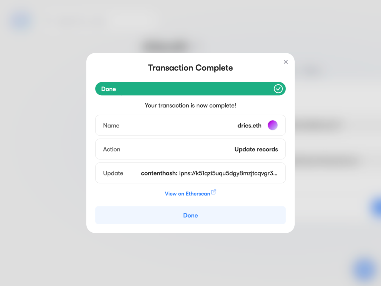 A screen confirming an updated content hash for &#039;dries.eth&#039; on the Ethereum Name Service, with a link to view the transaction on Etherscan.