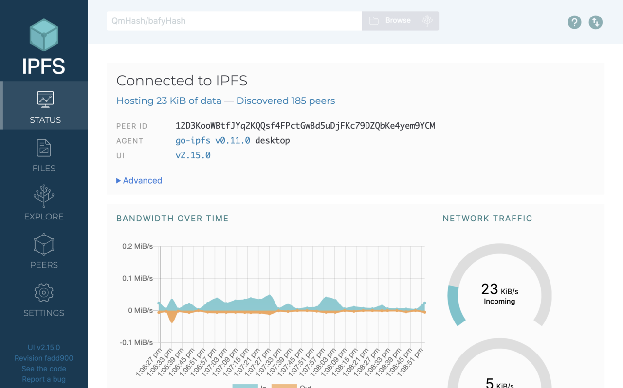 The status screen of my local IPFS node showing bandwidth usage