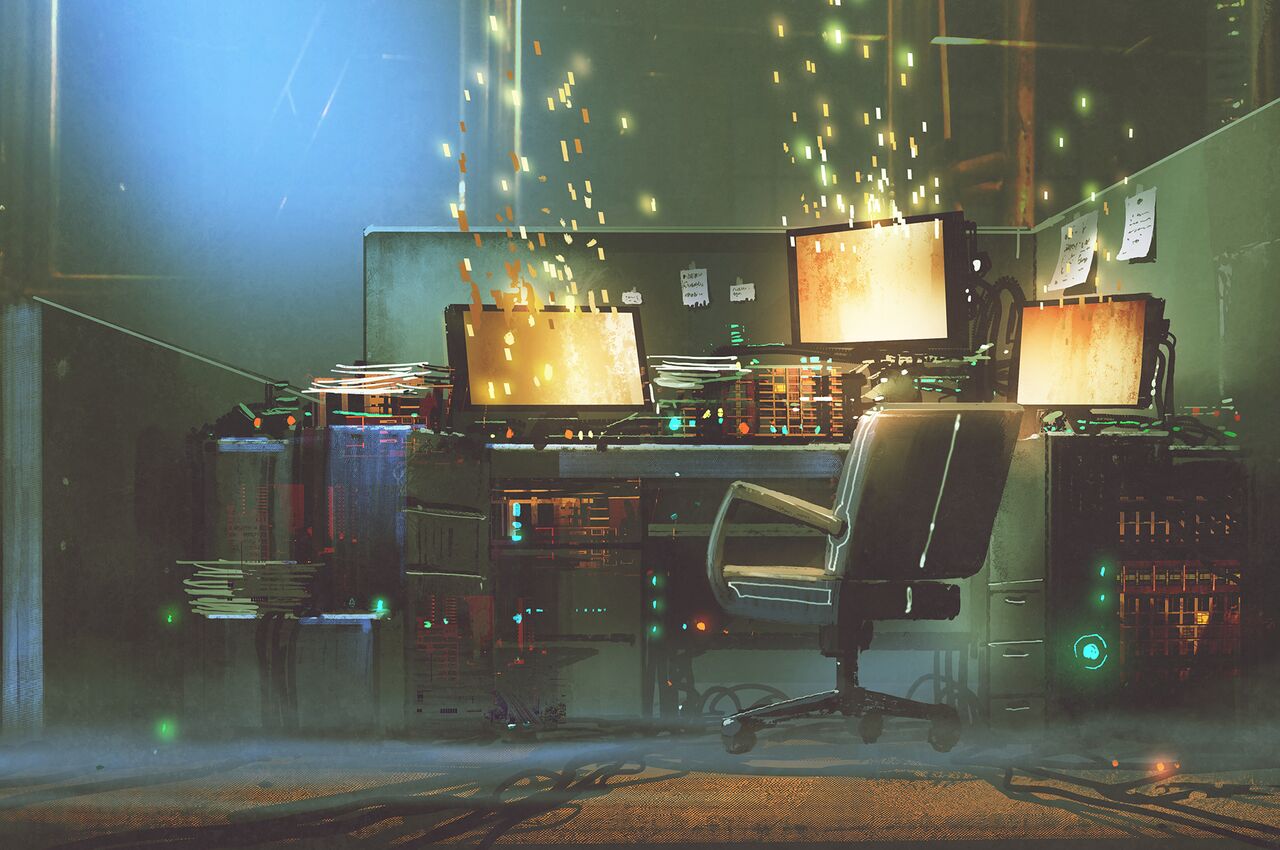 An empty office chair facing several glowing computer monitors, with small glowing fragments floating upward.