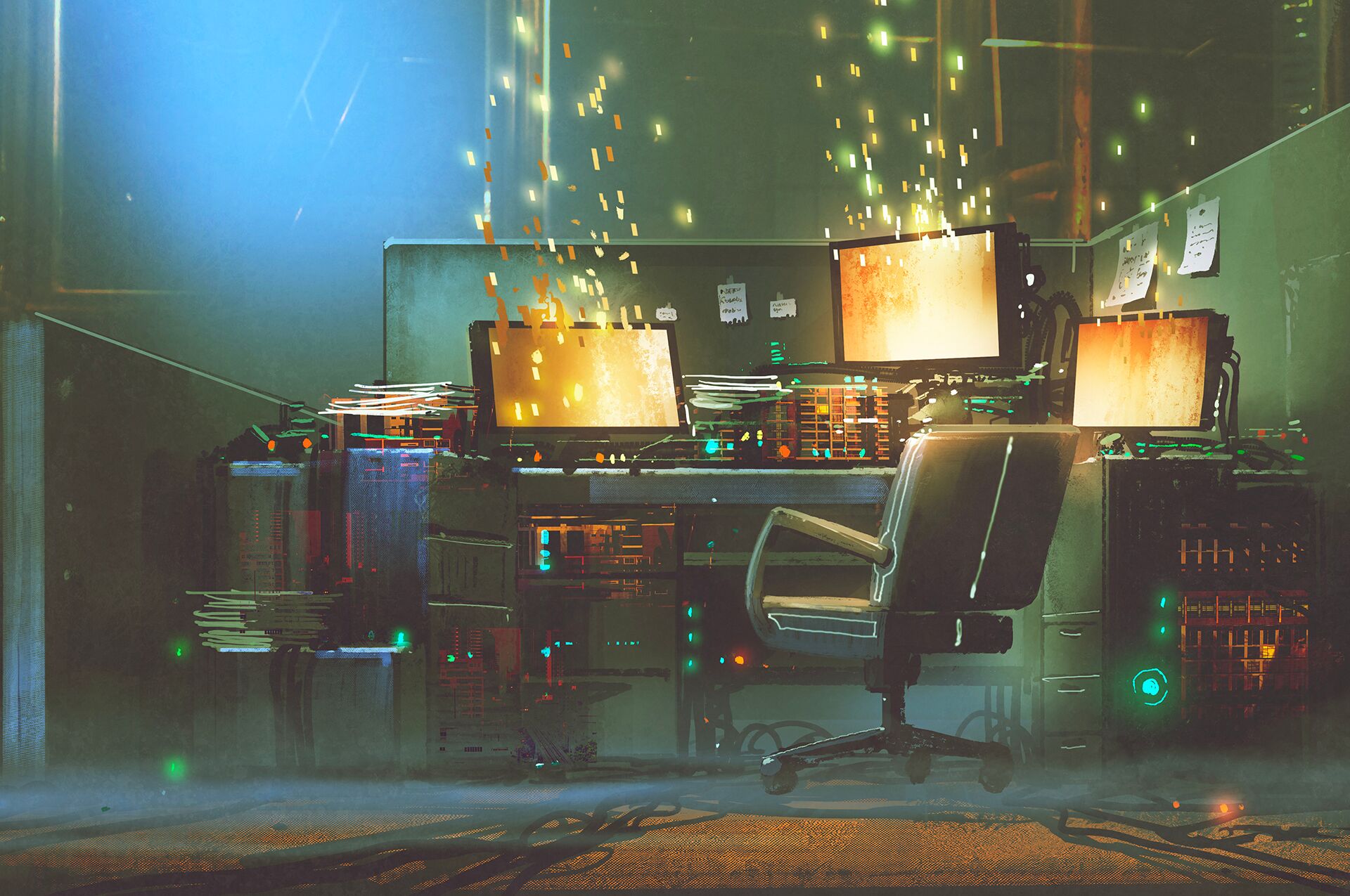 An empty office chair facing several glowing computer monitors, with small glowing fragments floating upward.