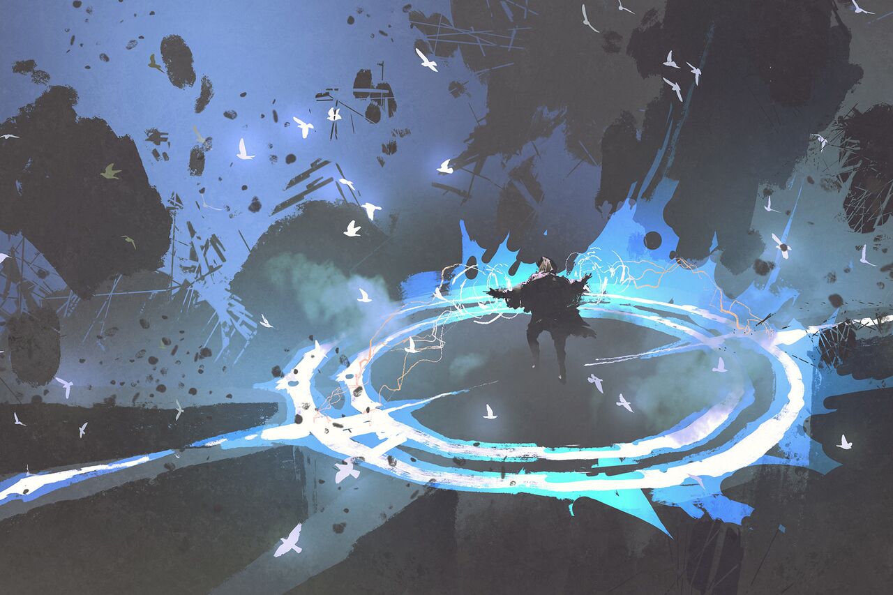 Abstract art of a figure surrounded by swirling blue energy and birds, symbolizing motion and orchestration.