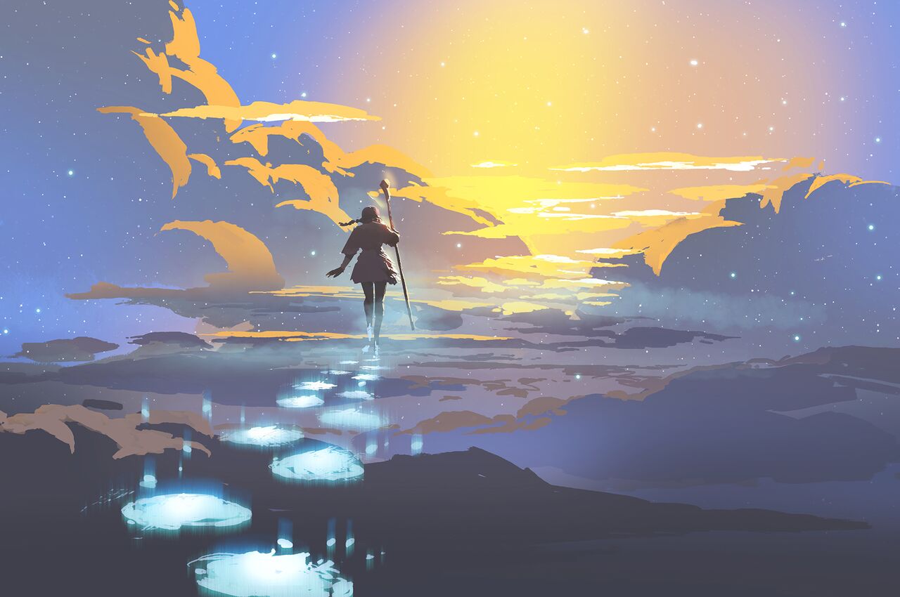 A lone traveler with a staff follows glowing footprints toward a bright sunrise beneath a star-filled sky.