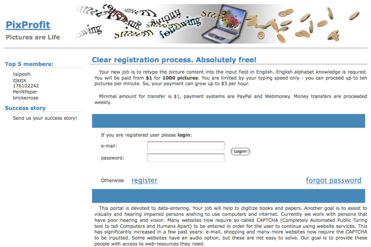 The PixProfit website, offering $1 per 1,000 retyped CAPTCHA pictures and claiming the work helps visually impaired people.