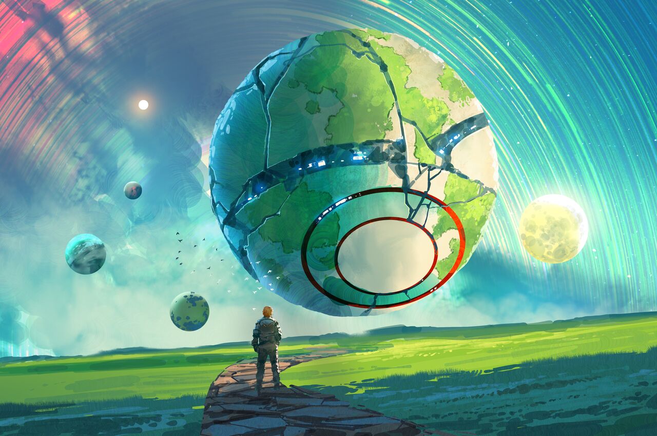 A lone traveler walks along a path toward a massive floating cracked planet surrounded by vibrant colors and smaller celestial bodies, digital art style, illustration painting