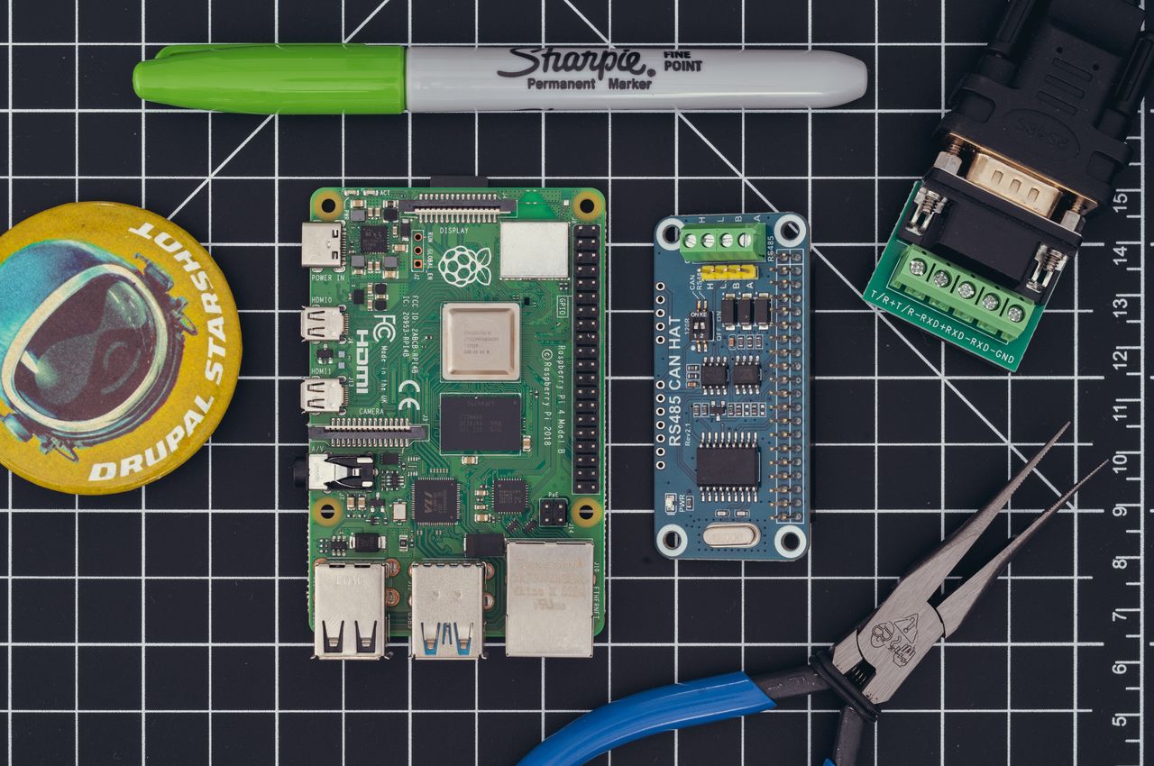 A Raspberry Pi 4 and an RS485 CAN HAT next to each other.