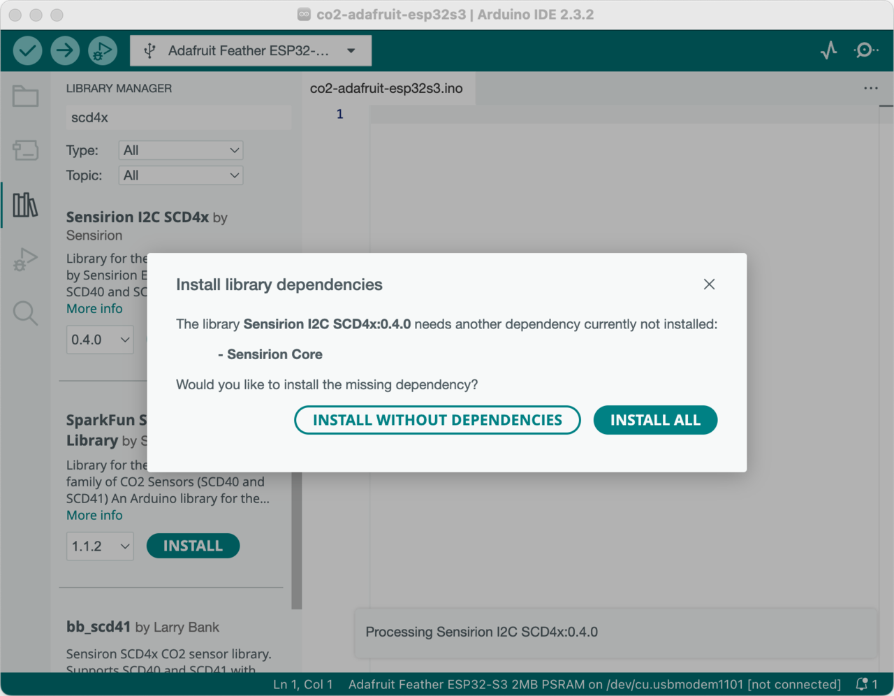 A screenshot of the Arduino IDE with a dialog box for installing the &#039;Sensirion Core&#039; dependency for the &#039;Sensirion I2C SCD4x&#039; library.
