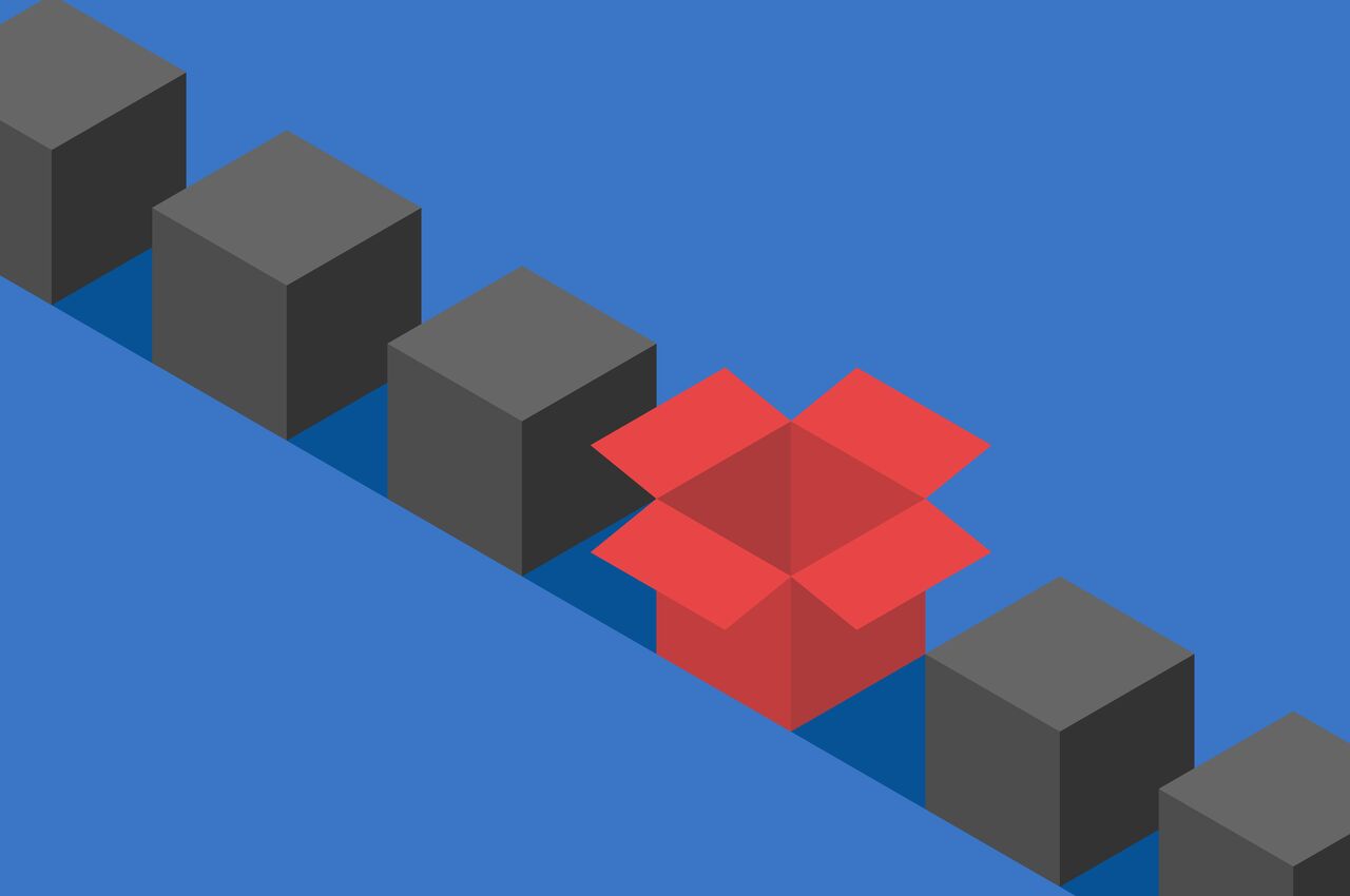 A row of identical closed dark cubes with a single open red cube in the middle, symbolizing that Open Source licensing should be treated differently.