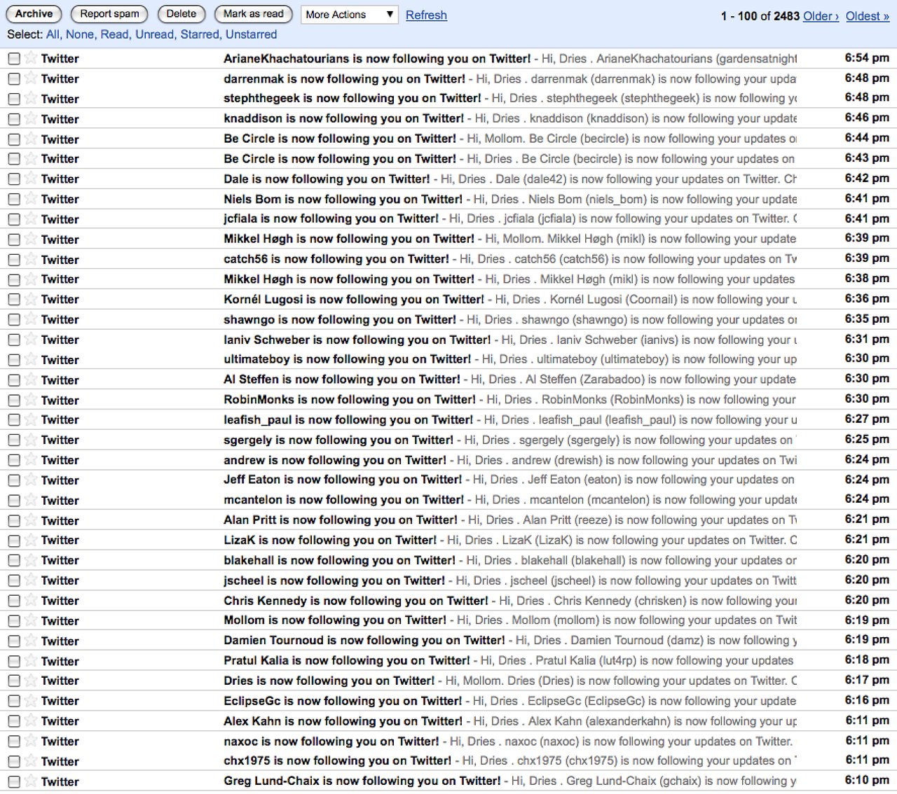 A screenshot of an email inbox showing multiple notifications from Twitter about new followers.