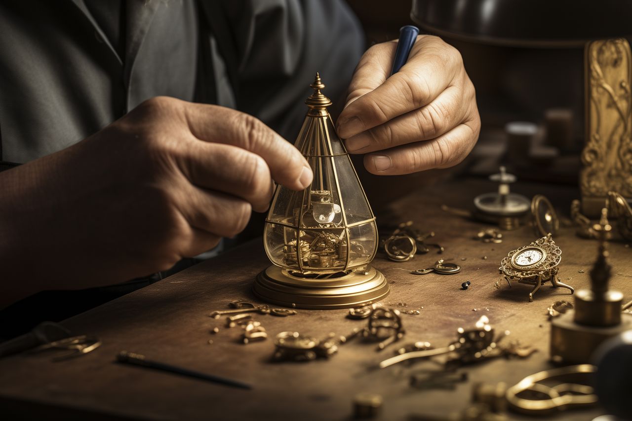 A skilled craftsperson works on the intricate mechanism of a droplet-shaped vintage watch.