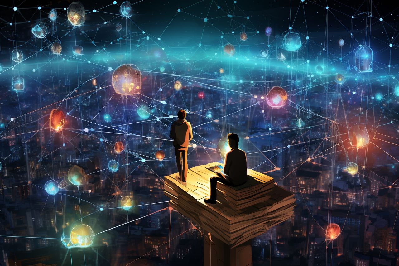 Two people on a platform observe a decentralized web of nodes.