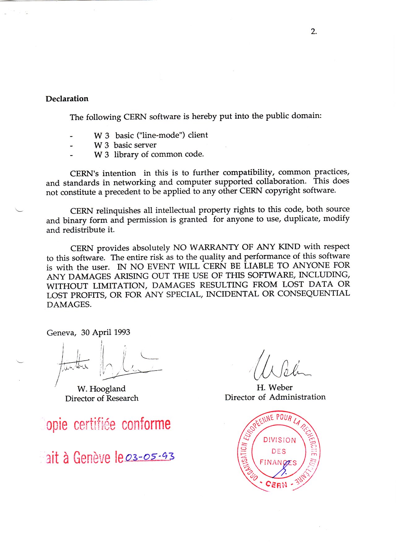 Official CERN document from 1993 declaring the release of World Wide Web software into the public domain.