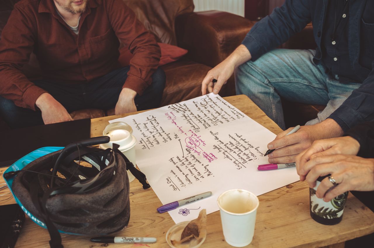 A table with a large sheet of paper filled with notes from a brainstorming exercise.