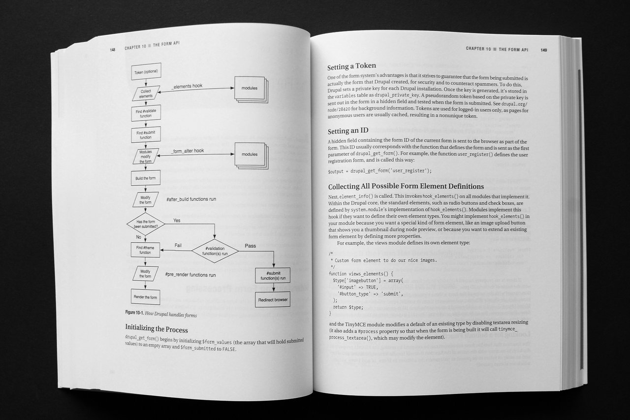 Open book showing a page from "Pro Drupal Development" with a flowchart and text explaining Drupal's form handling process.