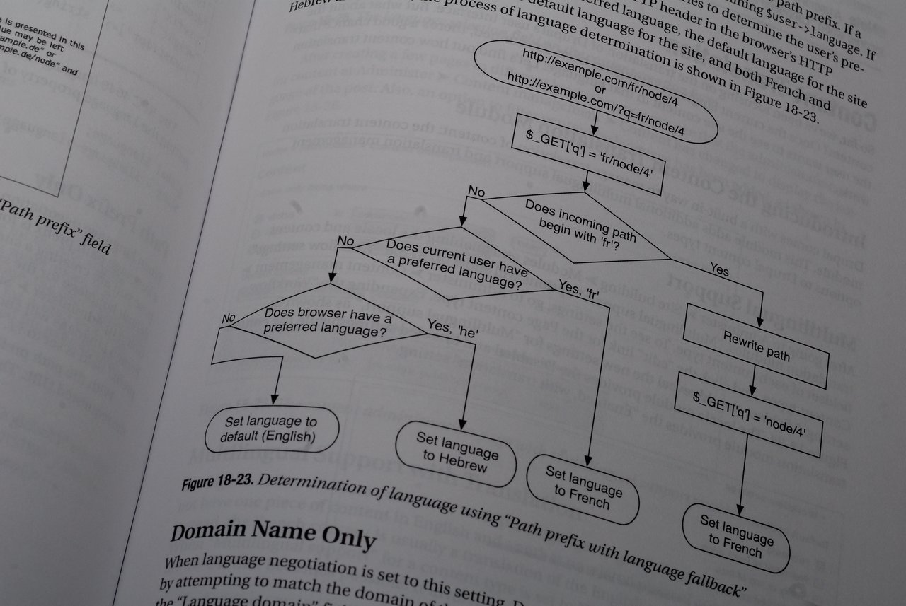 A book page from "Pro Drupal Development" showing a flowchart for determining language settings based on URL path prefixes.