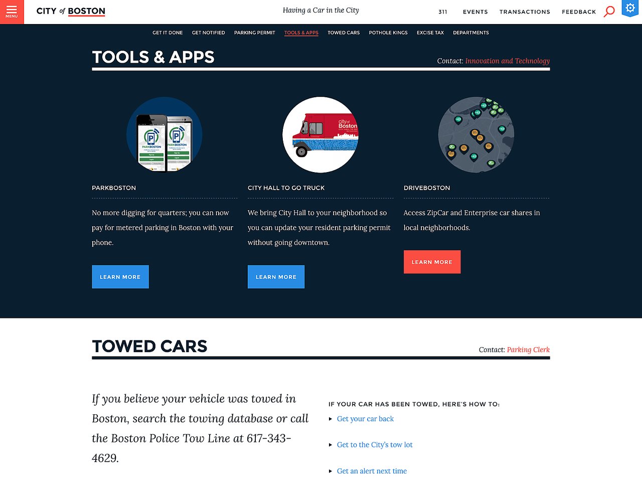 A webpage from the City of Boston displays tools and apps for parking, city services, and car-sharing, plus towing information.