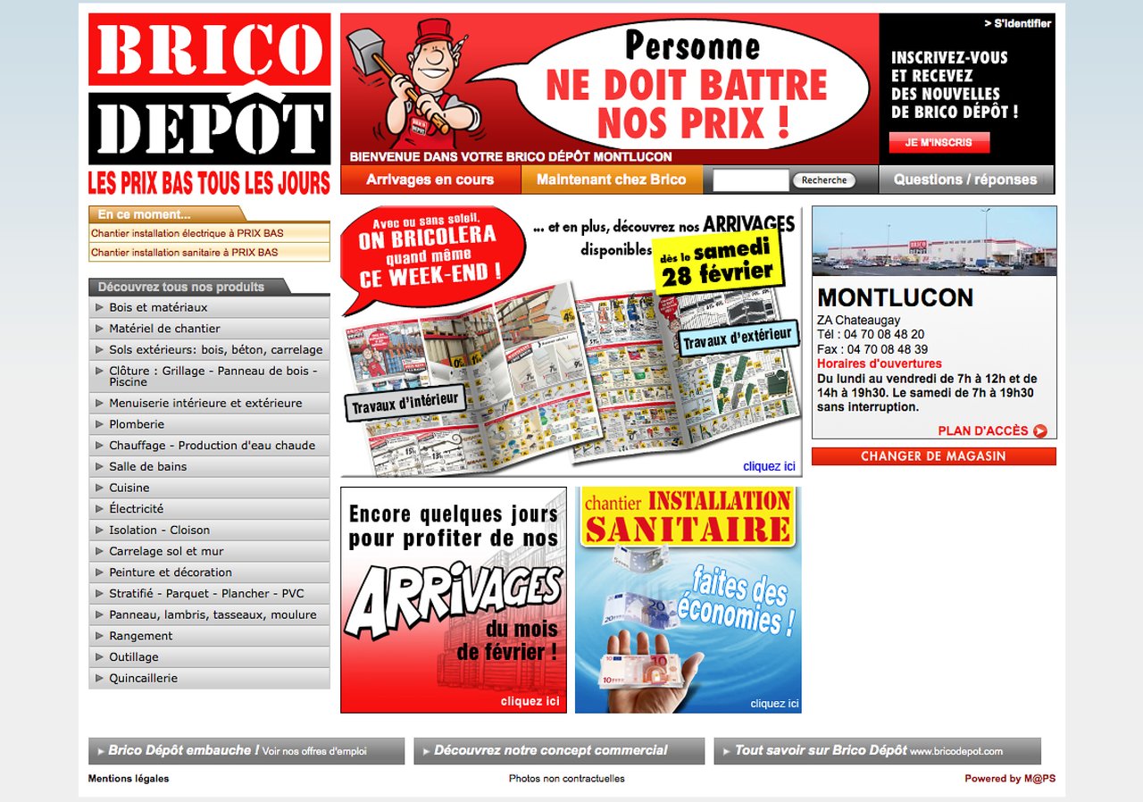 Brico Dépôt website homepage featuring promotions, product categories, store location, and upcoming arrivals for construction and home improvement materials.