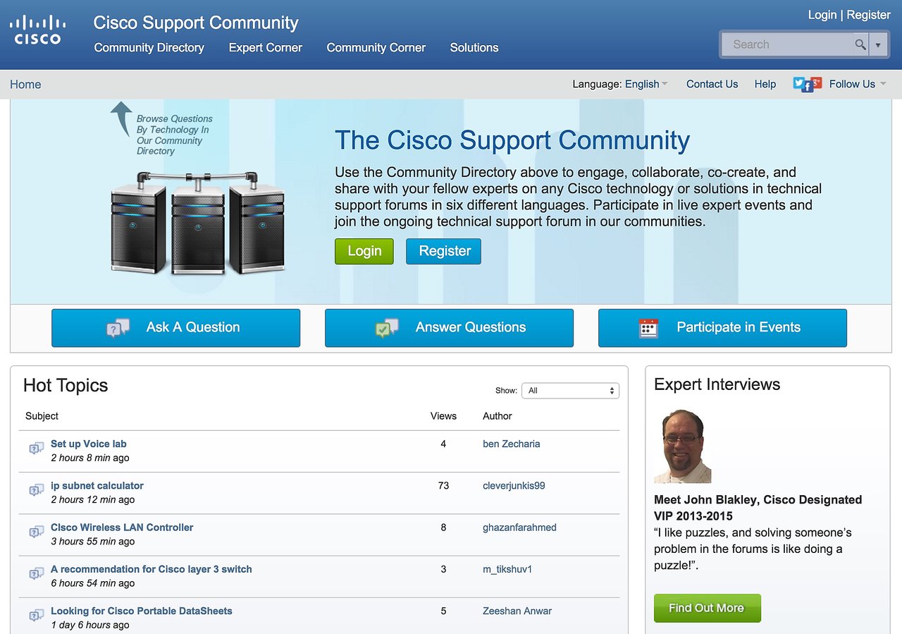 Cisco Support Community webpage with login options, discussion topics, expert interviews, and buttons for asking and answering questions.