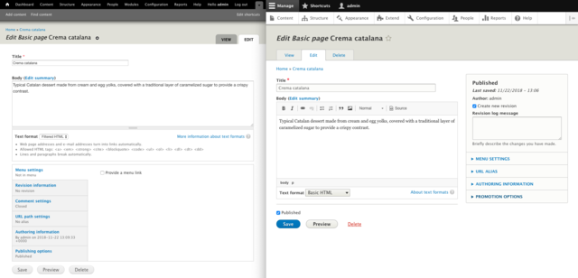 A visual comparison of Drupal 7 and Drupal 8's administration UI