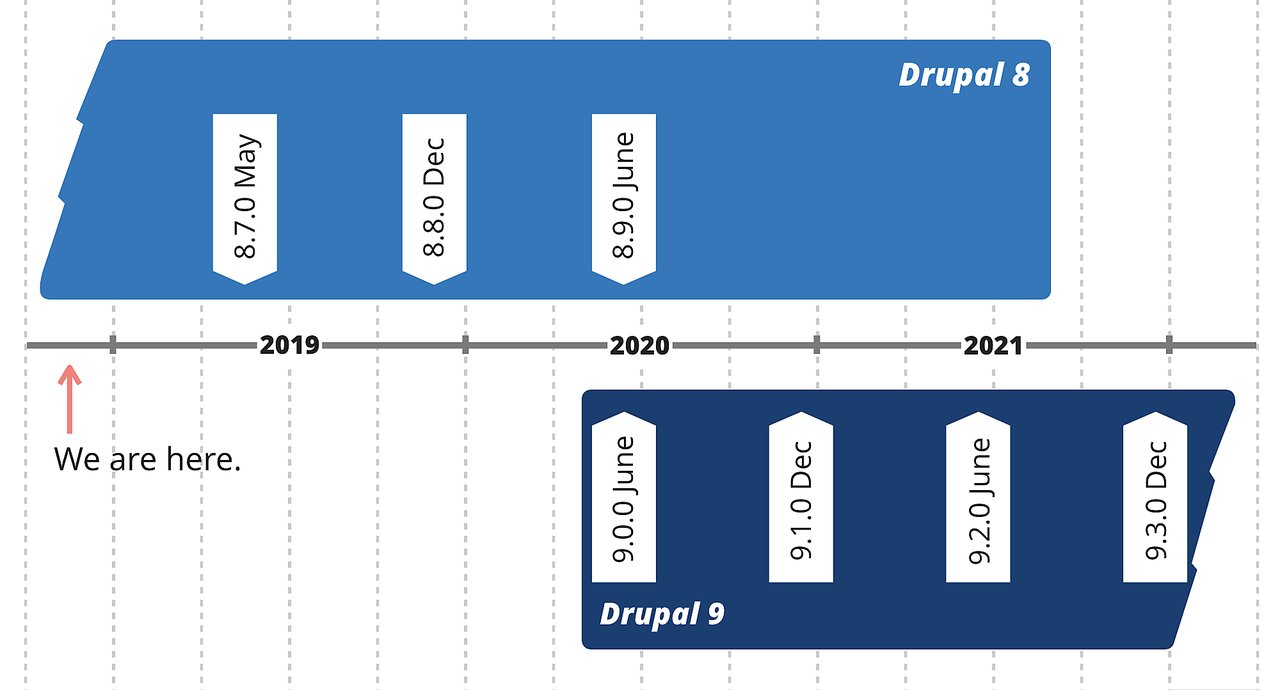 A timeline that shows we hope to release Drupal 9 in June 2020