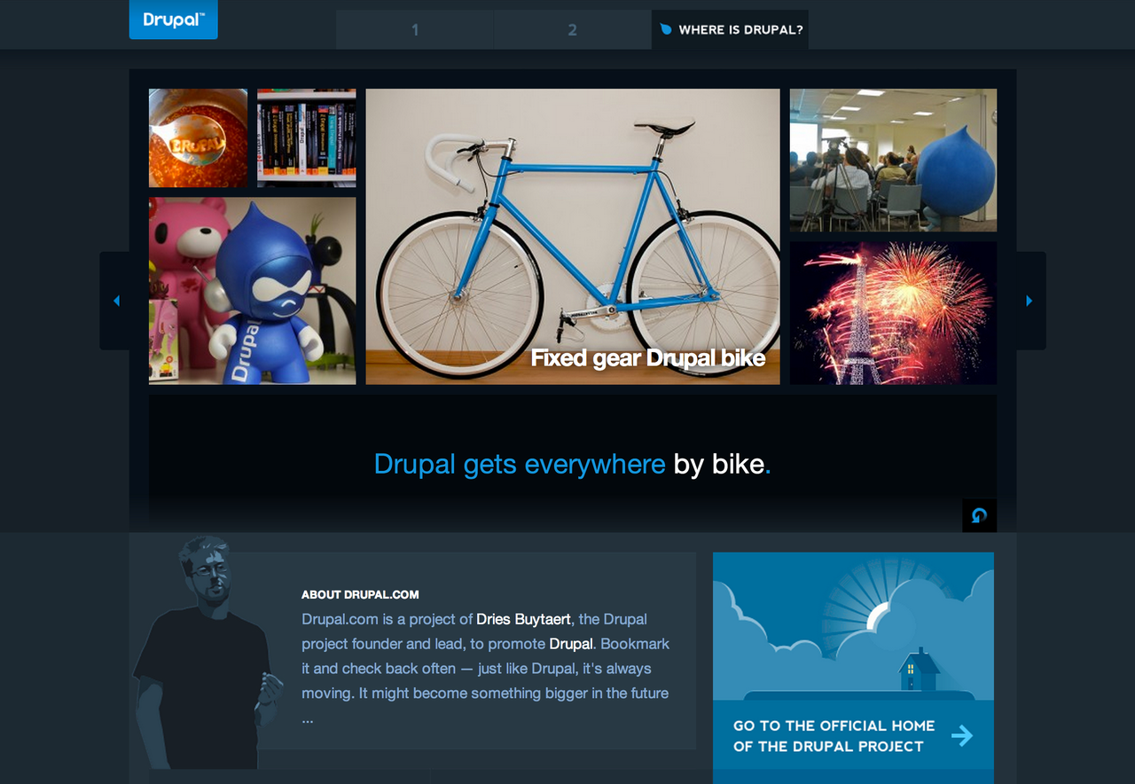 Drupal.com homepage with a photo collage around a blue fixed gear bike, the tagline "Drupal gets everywhere by bike" and an About Drupal.com box.