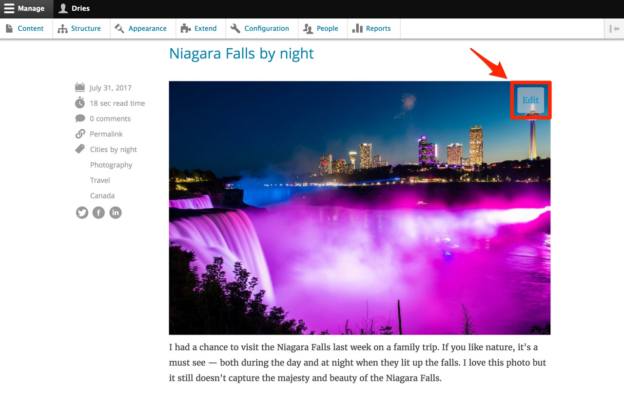 Drupal blog post "Niagara Falls by night" with a red arrow pointing to an "Edit" link in the corner of the photo.