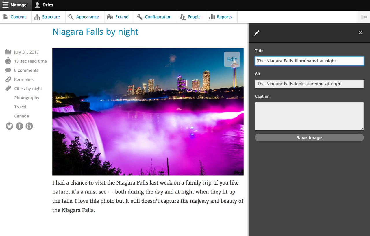 The "Niagara Falls by night" post with an off-canvas dialog open on the right, holding the photo's Title, Alt and Caption fields.