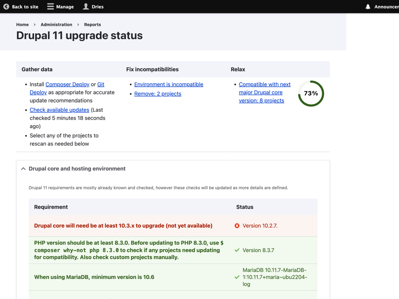 Screenshot of Drupal 11 upgrade status report in the administration interface.